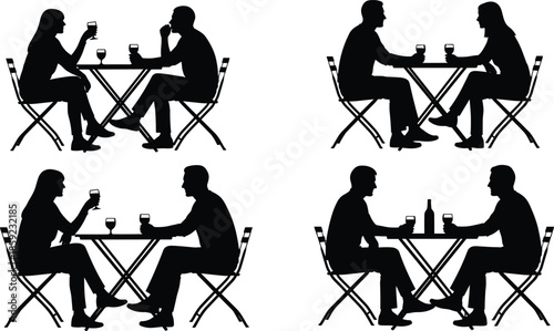 Couple dining silhouettes vector illustration showing men and women sitting at cafe tables, drinking wine, romantic date scenes isolated on white