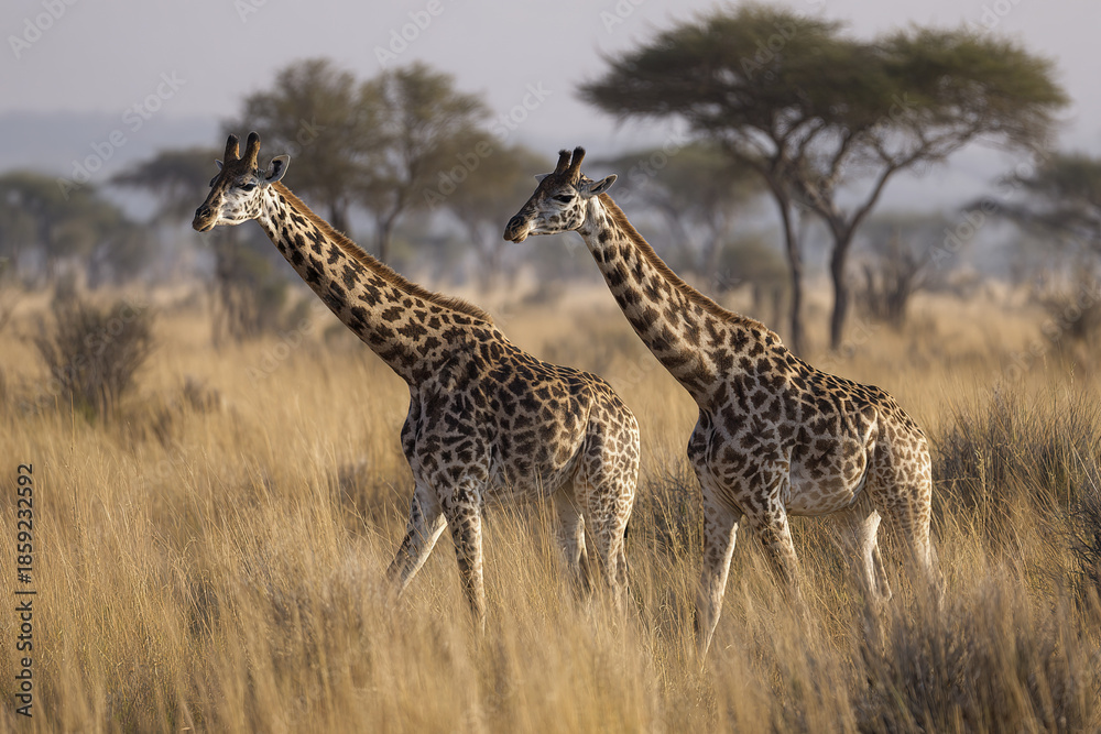 Fototapeta premium Two giraffe walking through tall dry grass in natural savanna landscape with scattered trees under soft light, showing peaceful wildlife scene in open ecosystem