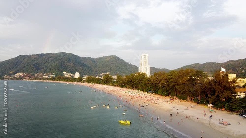 Aerial view of Patong Beach at sunset in Phuket, Thailand. Going Down from the sky