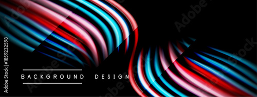 Abstract flowing lines create dynamic wave shapes. Vivid colors contrast against dark background. Modern design element.