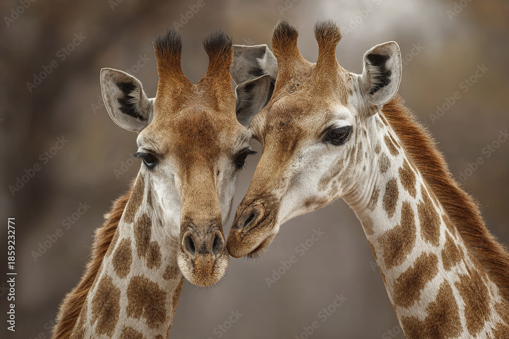 Obraz premium Giraffe pair showing affection in natural habitat with close up detail of their patterned fur and gentle expressions in soft natural light