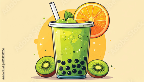 Refreshing Kiwi Boba Tea with Orange Slice and Straw.