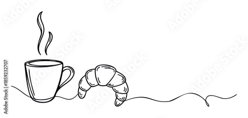 A continuous line drawing featuring a steaming hot coffee mug alongside a freshly baked croissant ideal for morning meal promotions, cafe branding, or minimalist food related content.