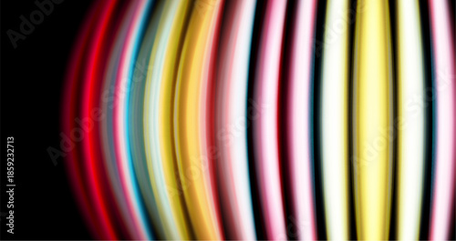 Abstract colorful lines create dynamic wave pattern against black background. Bright hues blend, forming soft gradients.