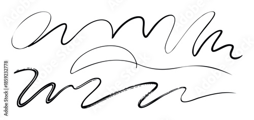 Versatile collection of black ink brushstrokes and squiggles offering dynamic graphic accents for various text emphasis, document embellishment, and decorative overlay applications