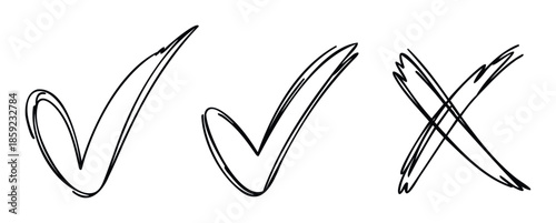 Hand drawn checkmark and cross symbols in a sketchy style provide versatile graphic elements for various user interface designs, educational materials, and task management applications.