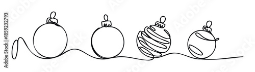 Continuous line drawing of Christmas baubles perfect for holiday greetings, festive decor, or seasonal promotional materials offering a minimalist and elegant visual.
