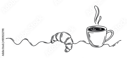 Continuous line drawing of a delicious croissant and a steaming hot coffee cup perfect for cafe menus breakfast promotions or bakery branding
