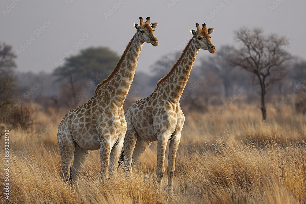 Obraz premium Two giraffe standing calmly in dry savanna grassland with scattered trees under soft natural light during daytime