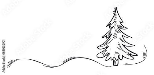 Hand drawn fir tree with flowing snowdrifts creating a wintry scene, perfect for holiday greetings, seasonal promotions, or naturethemed graphic projects.