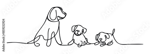 Continuous line drawing portraying an adorable dog and two small puppies ideal for animal welfare organizations, veterinarian services promotions, pet store branding, or heartwarming family