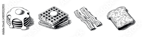 Classic breakfast selection with pancakes, waffles, bacon, and toast, rendered in a striking black and white woodcut style, perfect for restaurant menus, food packaging, and morning meal