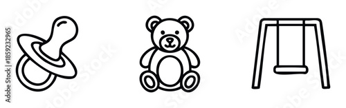 Baby essentials and playtime items line icons for pediatric and nursery product branding, childcare service advertising, or early childhood education resources.