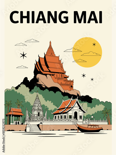 Vintage-style travel poster of Chiang Mai featuring a mountain temple, lush greenery, simplified linework, and warm nostalgic colors in retro travel style.