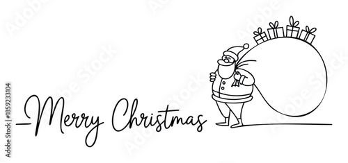 Santa Claus carrying a large sack filled with Christmas gift boxes with a charming handwritten Merry Christmas greeting creating a festive holiday graphic for seasonal promotions.