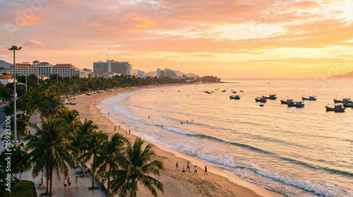 Serene beach scene at sunset with boats and palm trees lining the shore