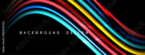 Dynamic flowing ribbons, vibrant colors over black backdrop. Modern abstract design, smooth curves create visual interest.