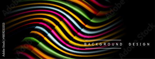 Abstract colorful waves over black background. Dynamic lines create modern visual effect. Bright hues offer vibrant aesthetic.