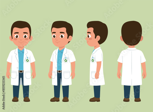 Cartoon Doctor Character Front Side Back View.