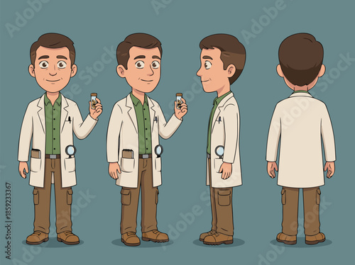 Cartoon Doctor Character Set Front Side Back View.