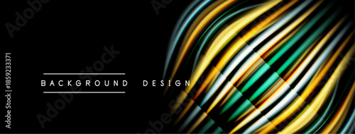 Abstract flowing lines create dynamic visual effect. Gold, teal, silver hues contrast against black backdrop. Modern design element.