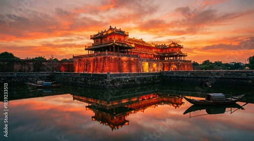 Ancient Asian temple by serene lake at vibrant sunset