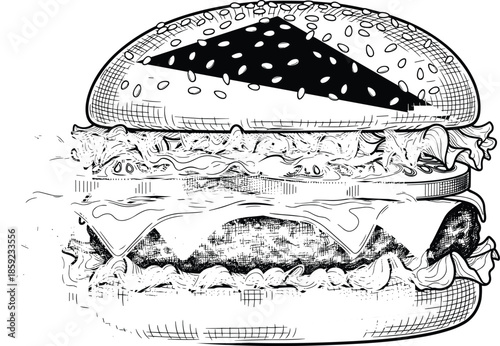 Hand drawn black and white cheeseburger illustration with sesame bun, beef patty, melted cheese, lettuce, and sauce for food design concepts