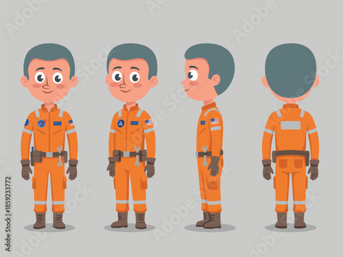 Cartoon Pilot Character Design Front Side Back View.