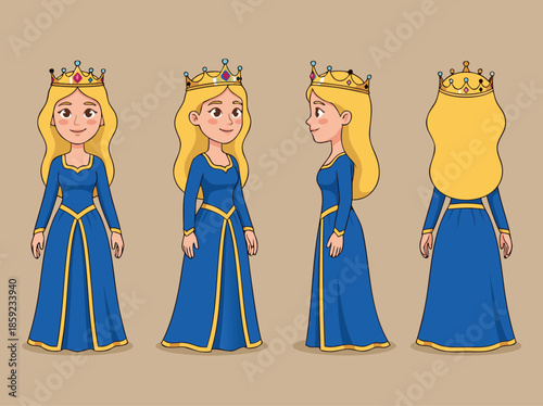 Cartoon Queen Character Design Front Side Back View.