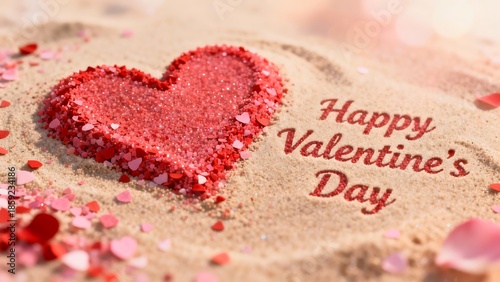 Romantic red heart and 'happy valentine's day' message shimmering on golden beach sand for a special celebration