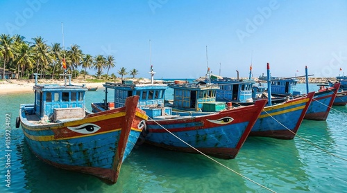Colorful fishing boats anchored in tropical paradise waters