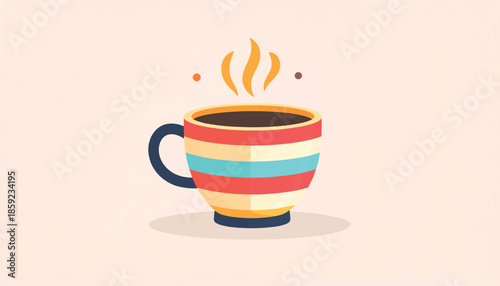 Stylized Cup of Coffee with Colorful Stripes and Steaming Aroma.