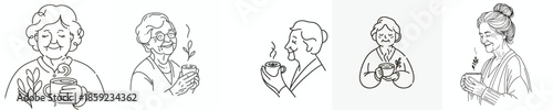 vector half body of a grandmother holding a cup coffee