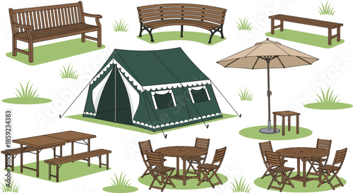 Outdoor park furniture and camping equipment flat vector illustration featuring benches tables tent umbrella picnic sets isolated on white background