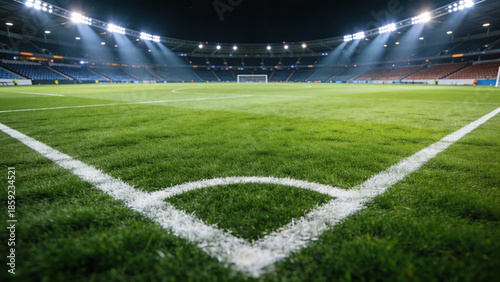 Empty soccer stadium at night with illuminated field and corner markings