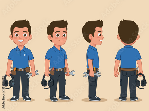 Cartoon Technician Character Set Front Side Back View.