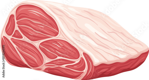 Raw meat cut flat vector illustration showing fresh pork or beef slice, detailed texture, butcher shop food ingredient isolated on white background