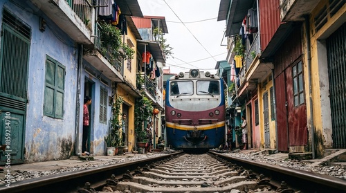 Vibrant train passes through narrow residential neighborhood tracks