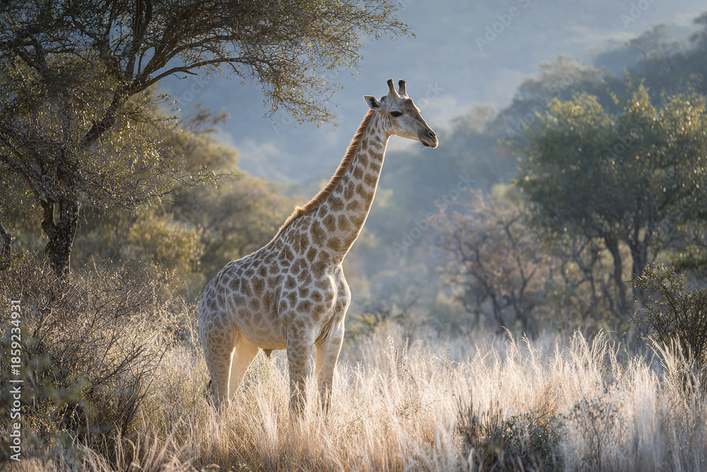 Fototapeta premium Giraffe standing quietly in nature surrounded by dry grass and trees with soft sunlight creating peaceful and calm atmosphere in natural wildlife setting