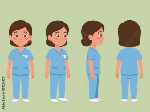 Cartoon Nurse Character Front and Side Views.
