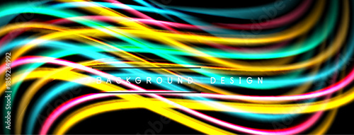 Bright colorful wavy lines over black background. Modern abstract design, dynamic flow, vibrant hues.
