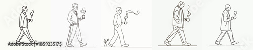 vector of a grandfather walking leisurely enjoying coffee