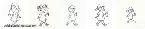 vector of a little girl walking leisurely enjoying coffee