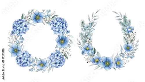 Watercolor Blue Floral Winter Wreaths Set,  Botanical Flower Frames with Hydrangea and Berries Clipart