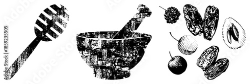 Honey dipper mortar pestle assorted fruits