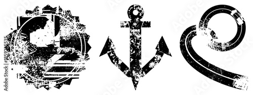 Three distressed vector gear, anchor, racetrack