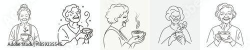 vector half body of a grandmother holding a cup coffee