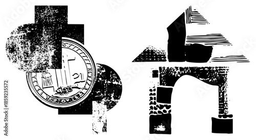 ancient coins and stone archway collage