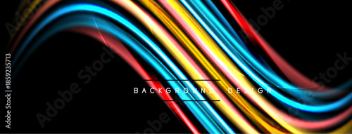 Abstract colorful ribbons flow, creating dynamic wave pattern. Dark background emphasizes vibrant hues, modern design element.