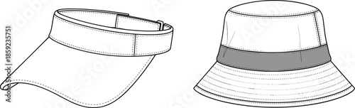 Visor cap and bucket hat technical sketch cad drawing flat vector illustration for fashion headwear accessory design